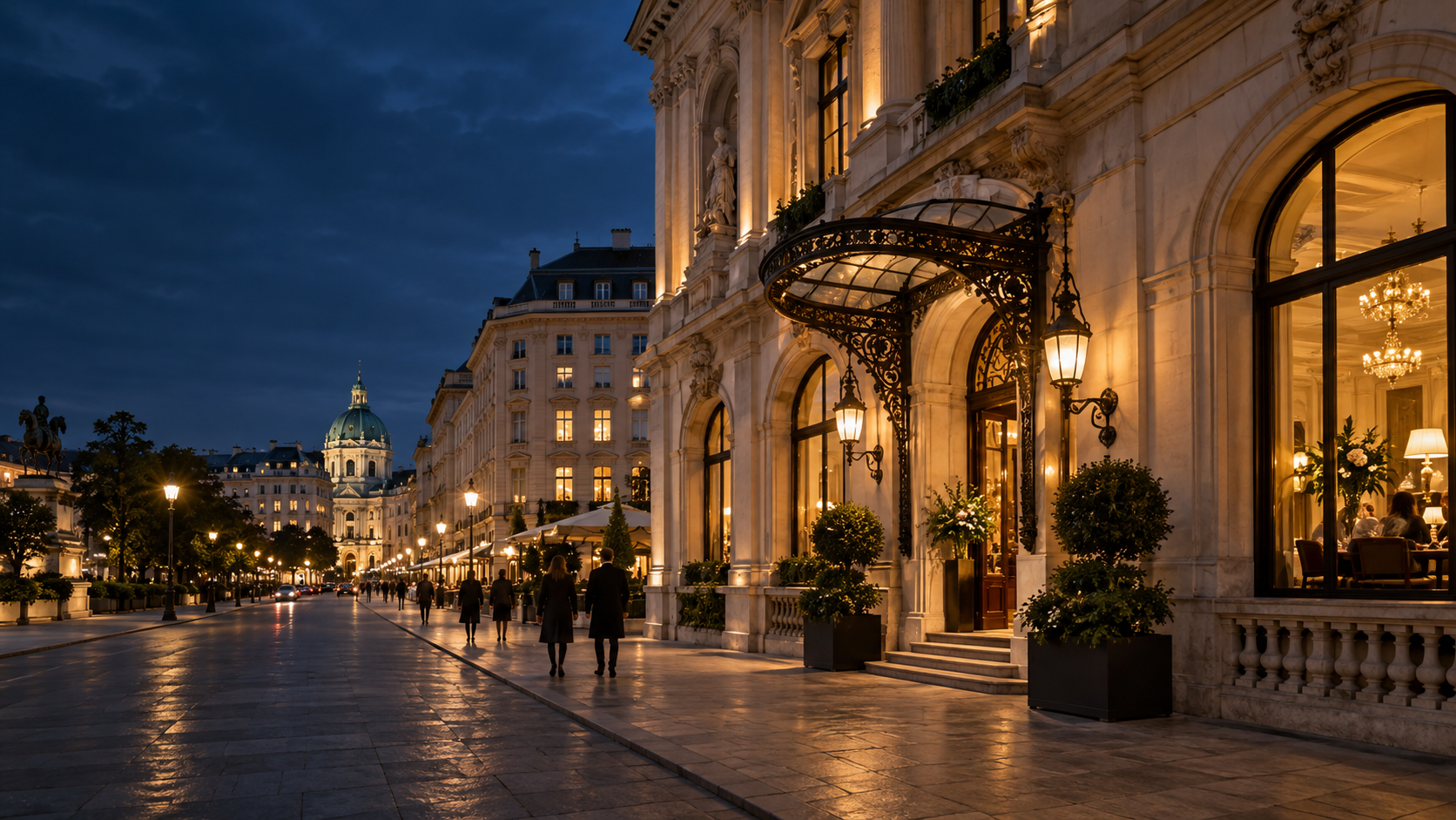 Redaktionelle Abendansicht historischer Wiener Architektur